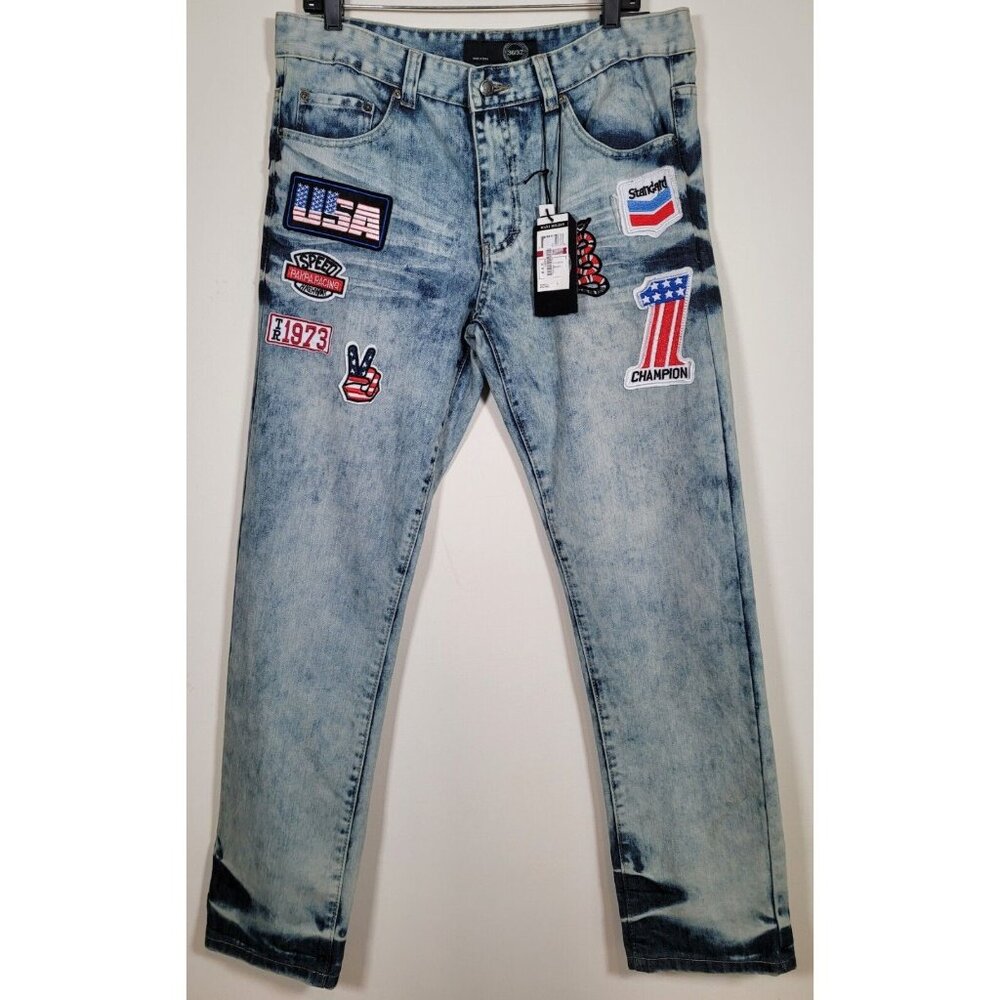 Maxi Milian Size 36 x 32 Dark Blue Acid Wash Biker Jeans New / Tag with Patches